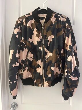 Topshop Pink & Olive Camo Bomber Jacket with Black Trim